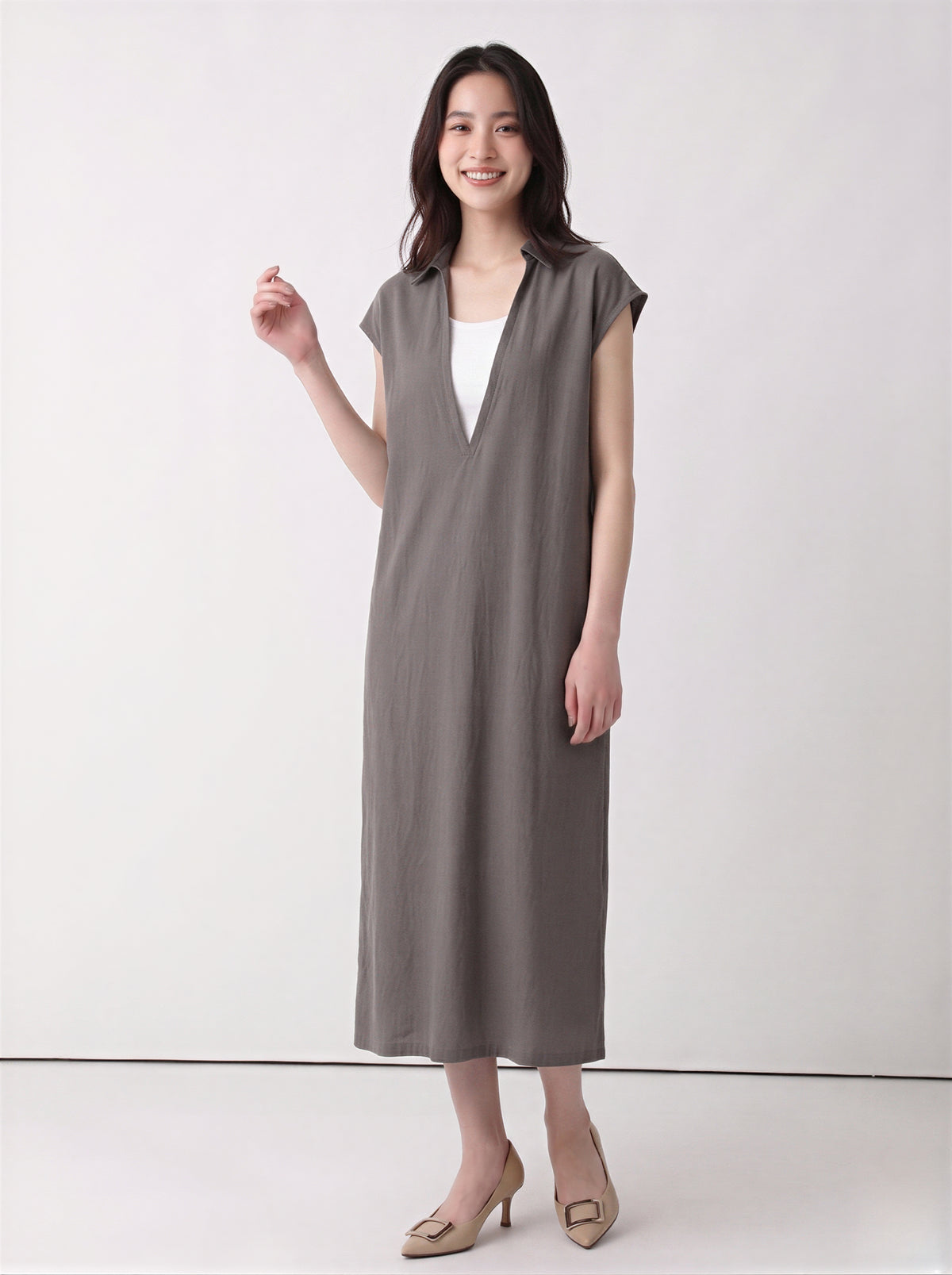 襟付きVネック ゆったり フェイクレイヤード ノースリーブワンピース-ブラウン-2XL