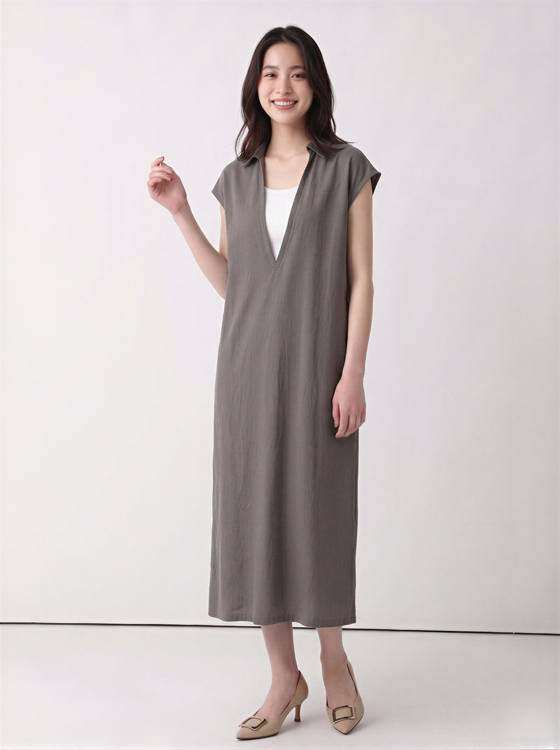 襟付きVネック ゆったり フェイクレイヤード ノースリーブワンピース-ブラウン-2XL