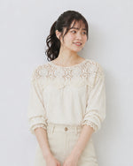 M~2XL カットワークレース切り替え パフスリーブブラウス