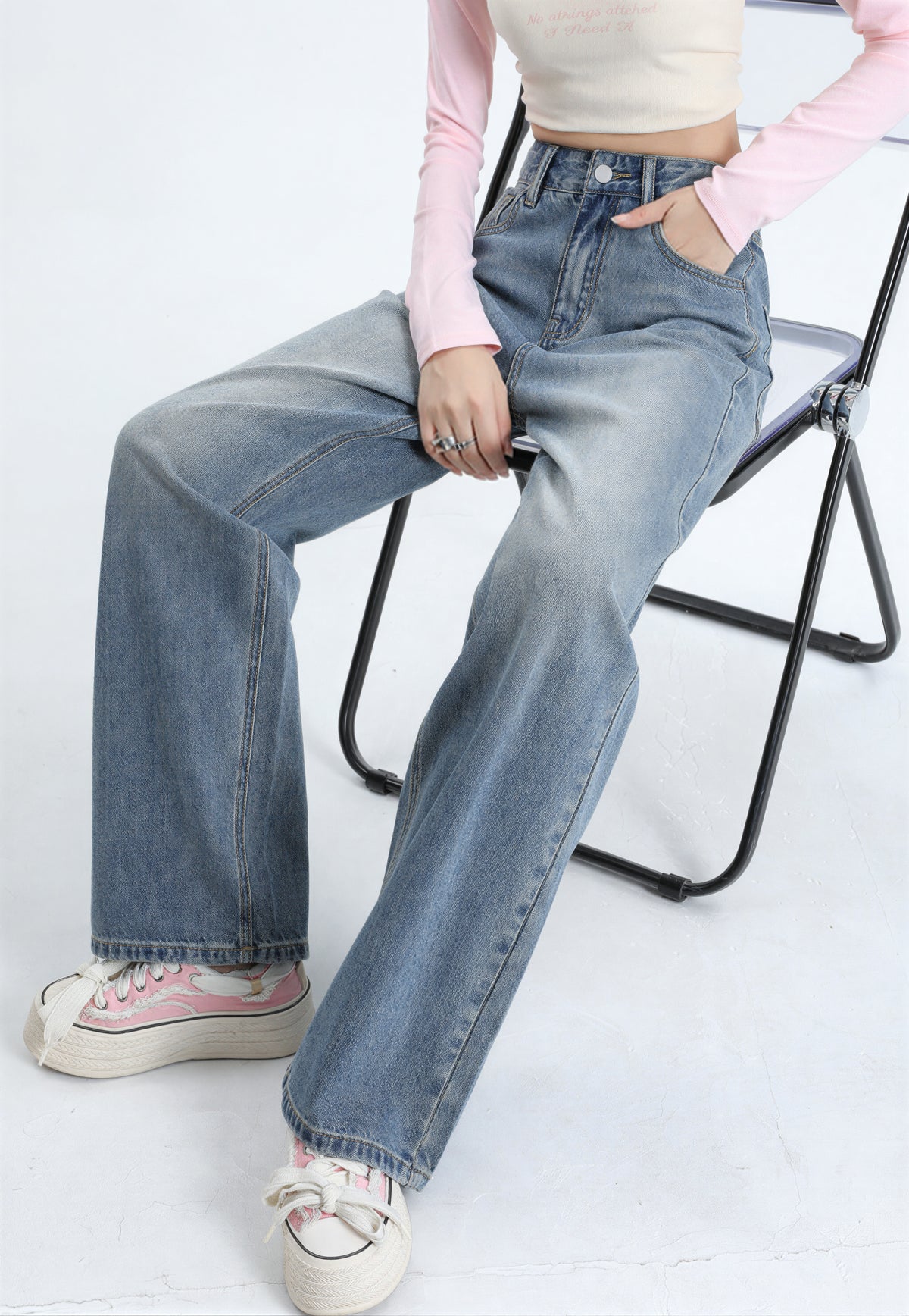 ハイウエスト 美脚見え ウォッシュ加工 ワイドデニムパンツ
