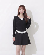 【秋新作】【全2色】ジップ重ね襟 スリム見えフェイクレイヤードTシャツ