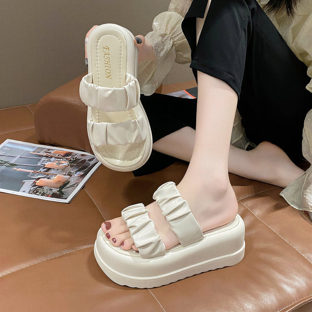 立体プリーツダブルストラップ 厚底美脚 レディース オープントゥスライドサンダル-ホワイト-42