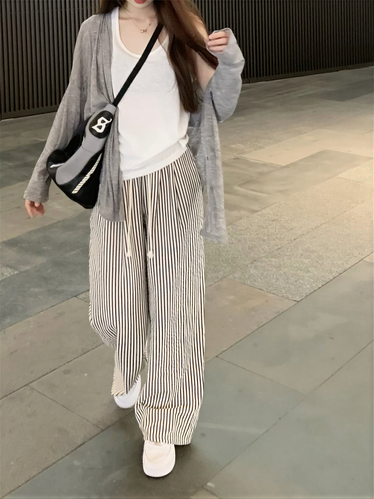 縦ストライプ ドローストリング ワイドパンツ