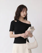 アシンメトリーショルダー 肩見せ カットアウト スリムTシャツ-ブラック-L