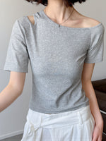 アシンメトリーショルダー 肩見せ カットアウト スリムTシャツ-グレー-L