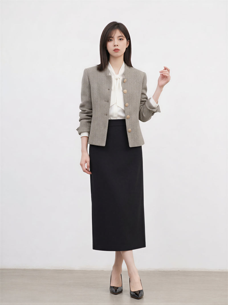 ツイード風・ゴールド調ボタン・ノーカラージャケット