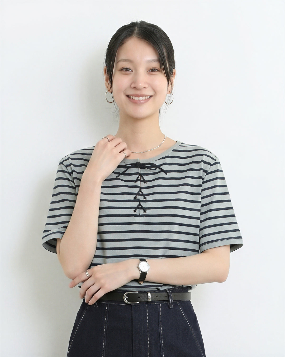 ボーダー リボン付き クルーネック 半袖Tシャツ-ブルー-L