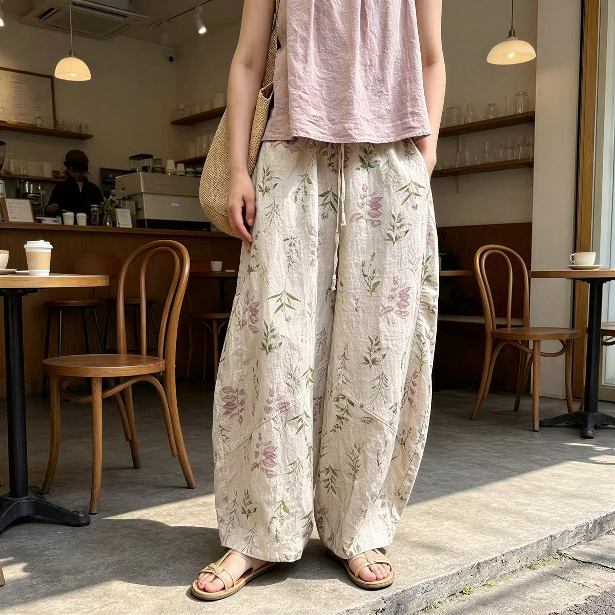 ボタニカルプリント ゆったりワイドパンツ-ベージュ-2XL