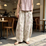 ボタニカルプリント ゆったりワイドパンツ-ベージュ-2XL