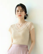 レースVネック 細リブ フィット 見せ肩 半袖Tシャツ-ライトベージュ-XL