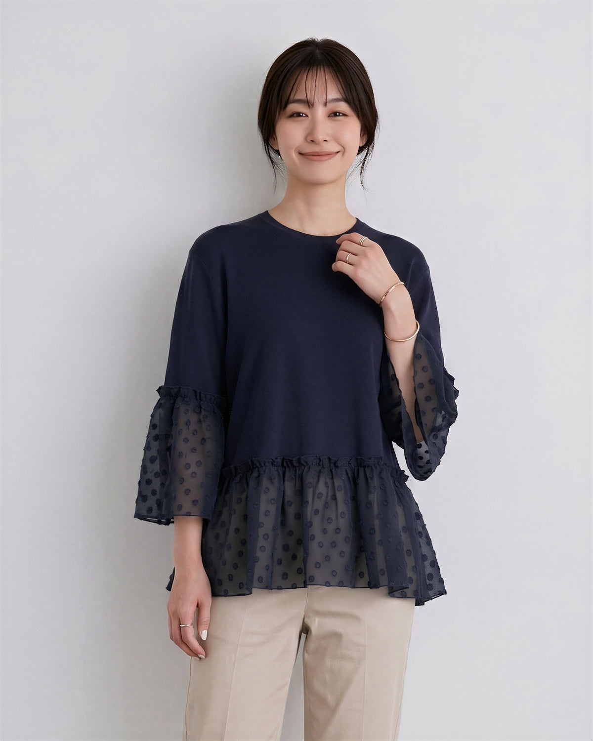 切り替えフリルヘム ドットシアーTシャツ