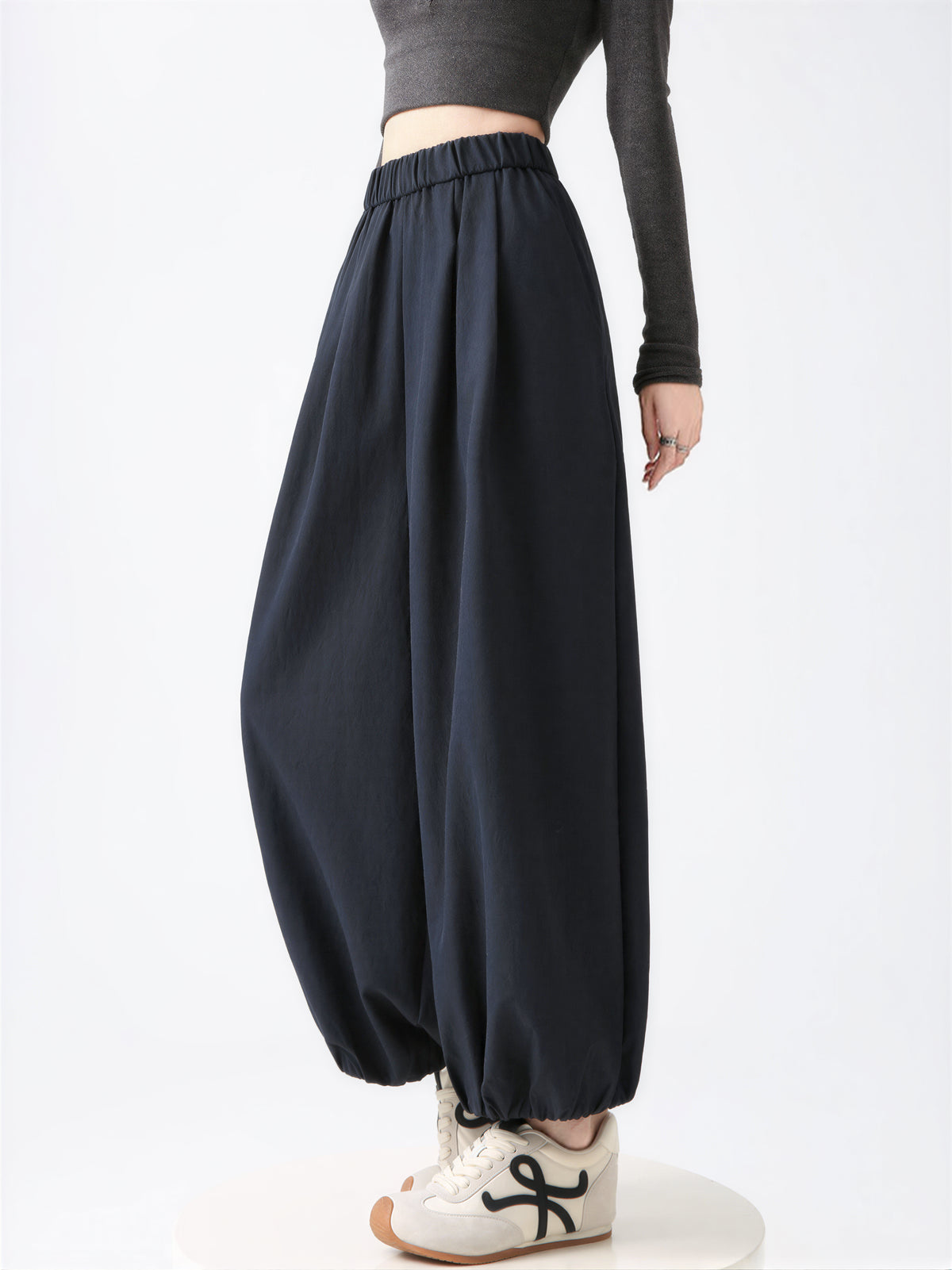 ウエストゴム 裾絞りワイドパンツ-ダークネイビー-XL
