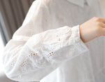 M~2XL ホワイト 透かし柄 襟付き ゆったり長袖シャツ
