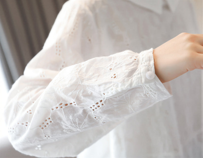 M~2XL ホワイト 透かし柄 襟付き ゆったり長袖シャツ
