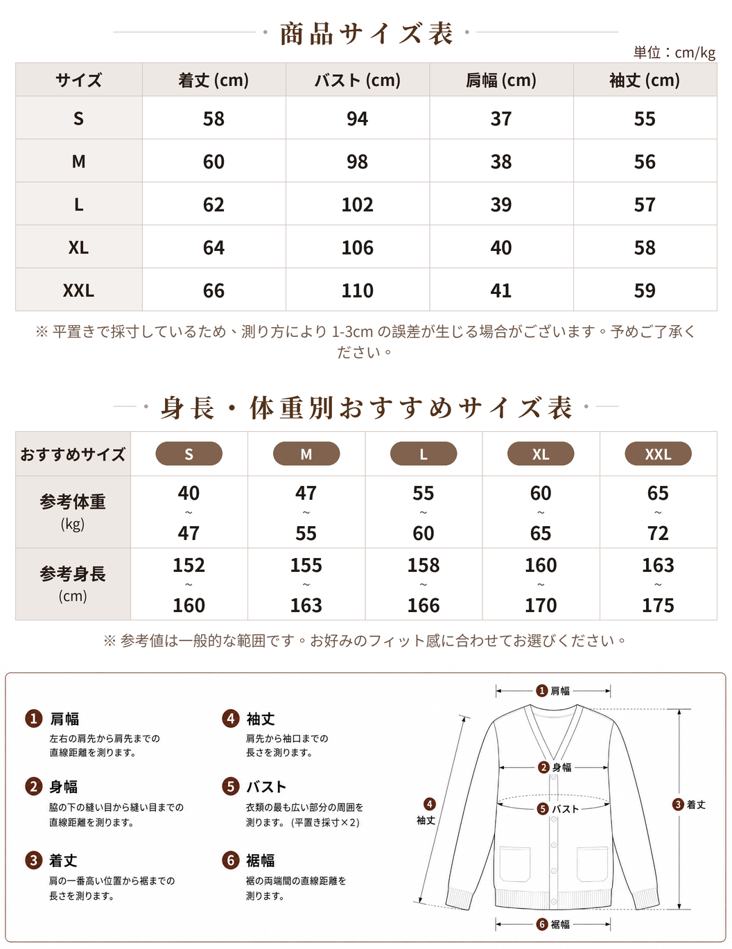 【全3色】S-2XL 立体感のあるテクスチャー入りショート丈ジップニットカーディガン size chart 1
