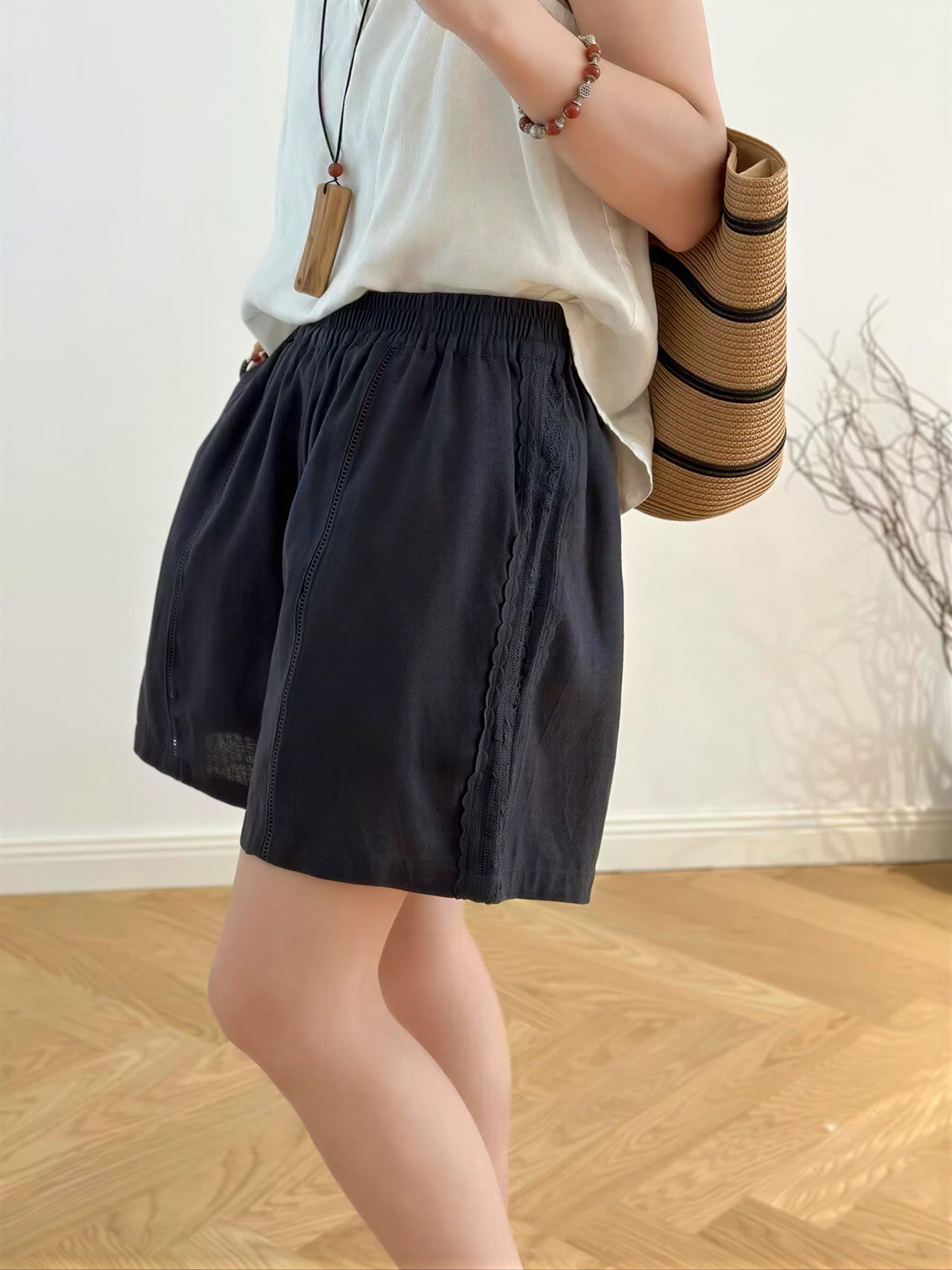ウエストゴム ハイウエスト ルーズハーフパンツ