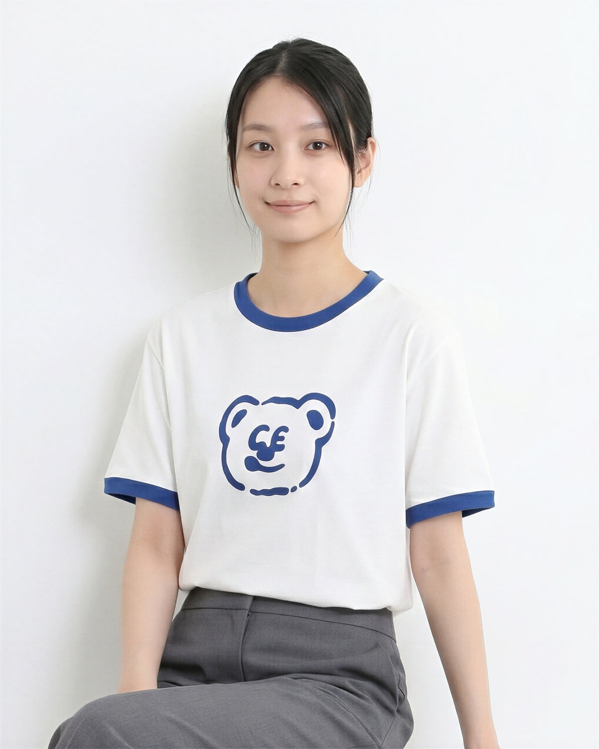 配色パイピング カートゥーンプリントTシャツ-ホワイト-L