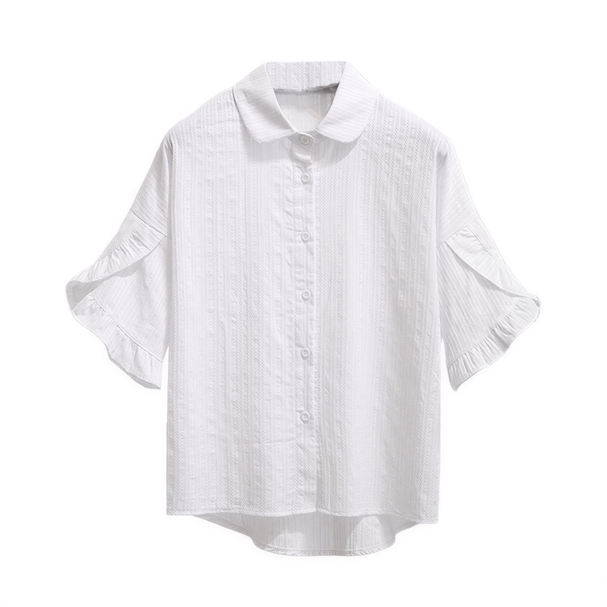 立体縦リブ フリルスリーブ ゆったりシャツ-ホワイト-2XL