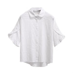立体縦リブ フリルスリーブ ゆったりシャツ-ホワイト-2XL