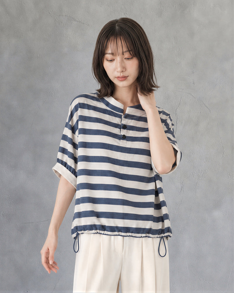 【秋新作】S-XL ボーダー スタンドカラー ドローストリング 半袖Tシャツ