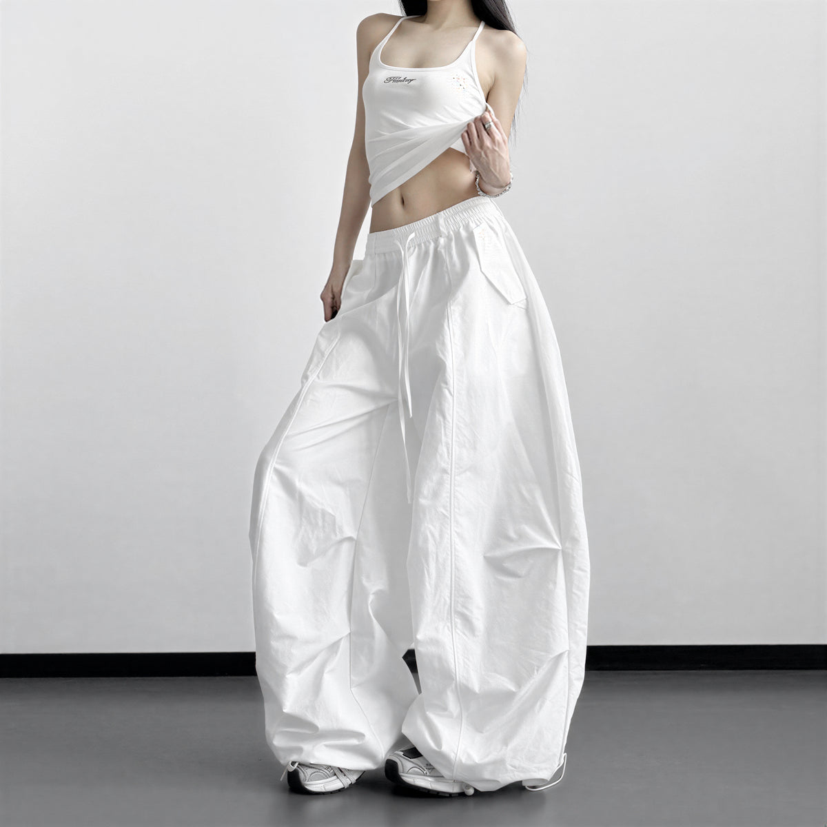 S-XL ドローストリング ボリュームワイドパンツ
