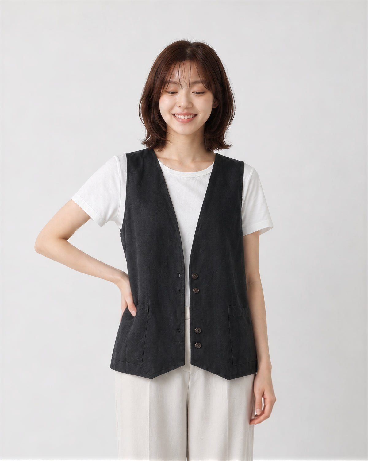 M~2XL 深Vボタンフロントゆったりベスト