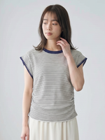 ブルーストライプ 配色ネックトリムTシャツ