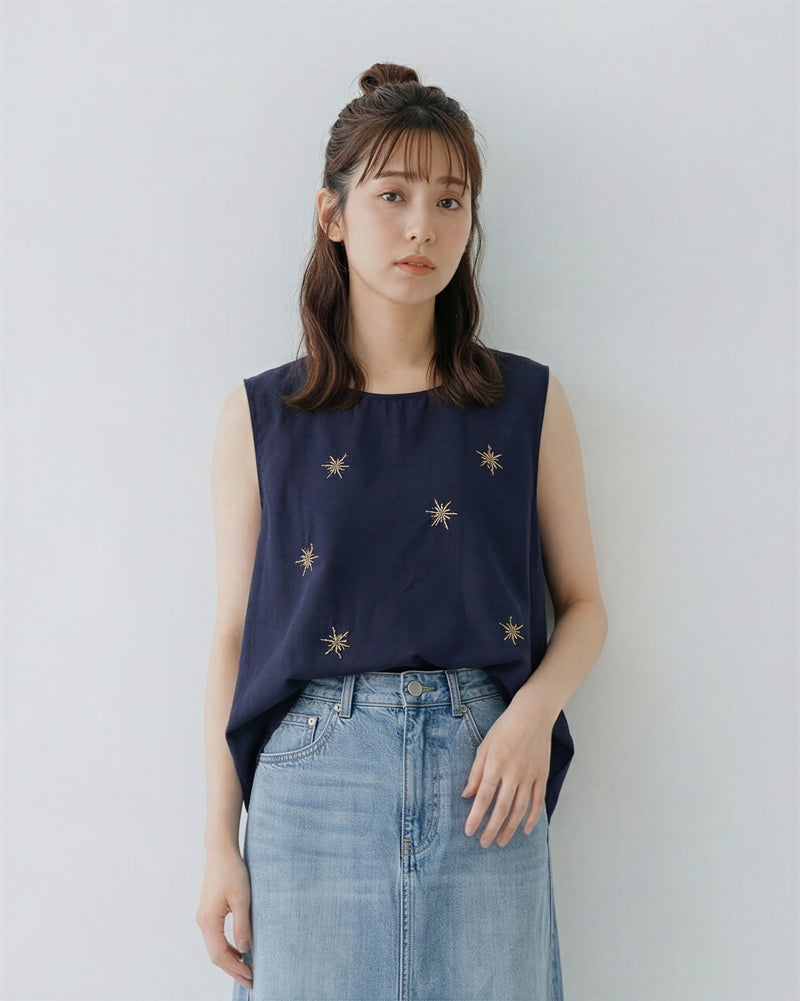 スター刺繍 クルーネック ノースリーブタンクトップ-ダークブルー-2XL