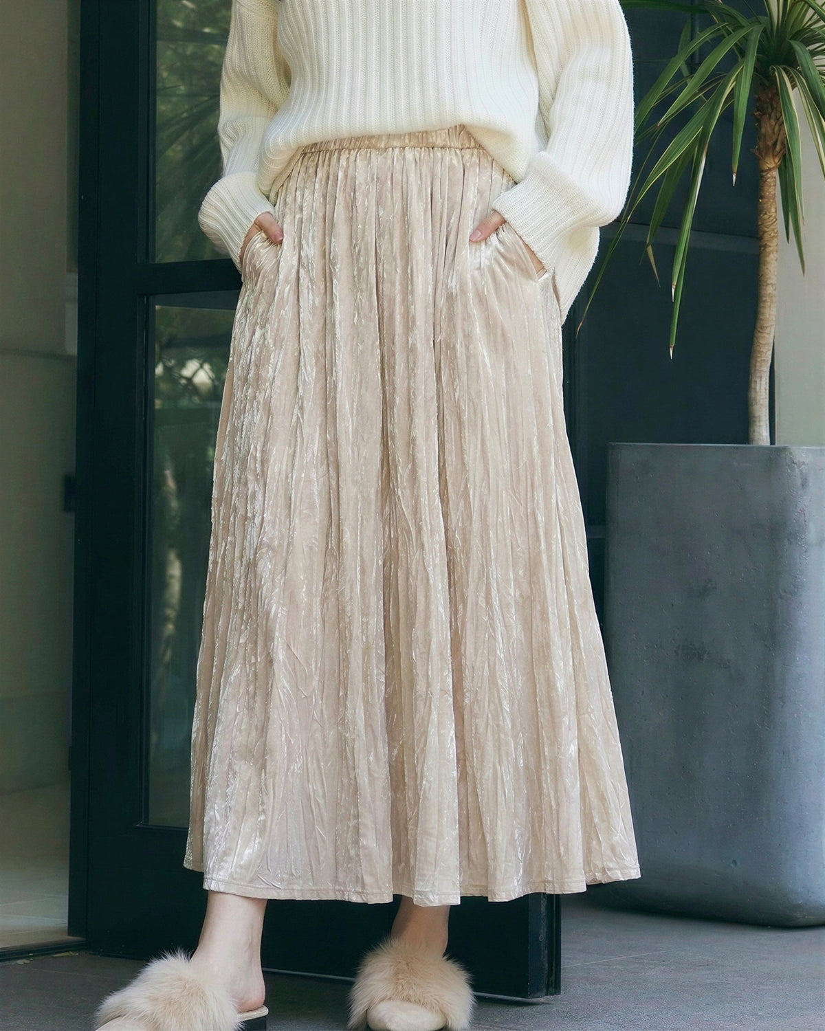 パール調プリーツ Aライン ロング丈 プリーツスカート