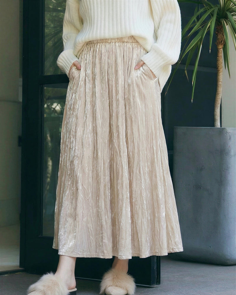 パール調プリーツ Aライン ロング丈 プリーツスカート