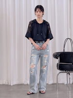 レース切り替えフード付きワイドスリーブTシャツ