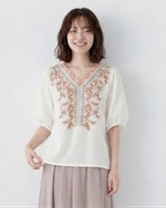 M~2XL Vネック 刺繍パフスリーブTシャツ
