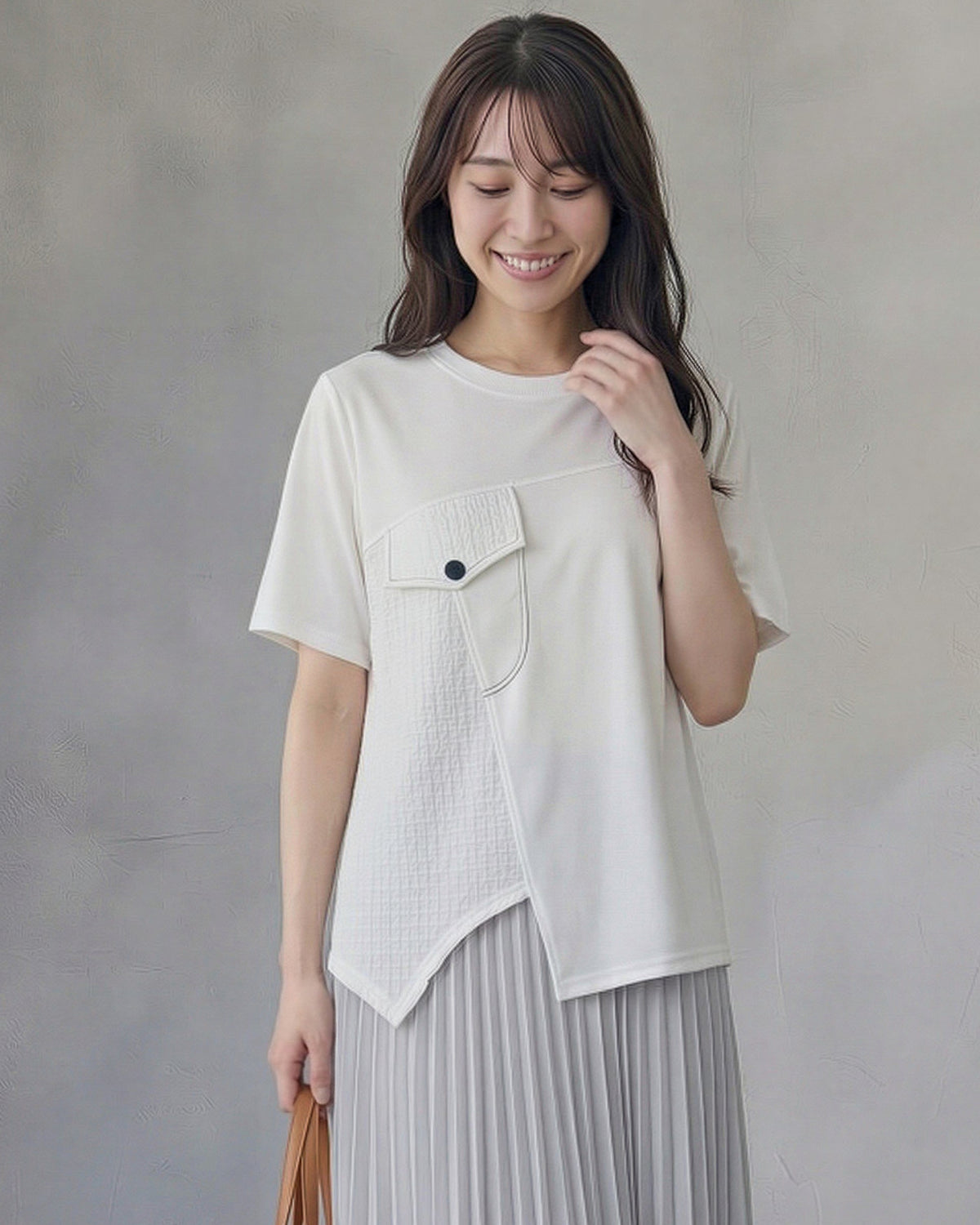 アシンメトリー切替 立体ポケット 半袖Tシャツ