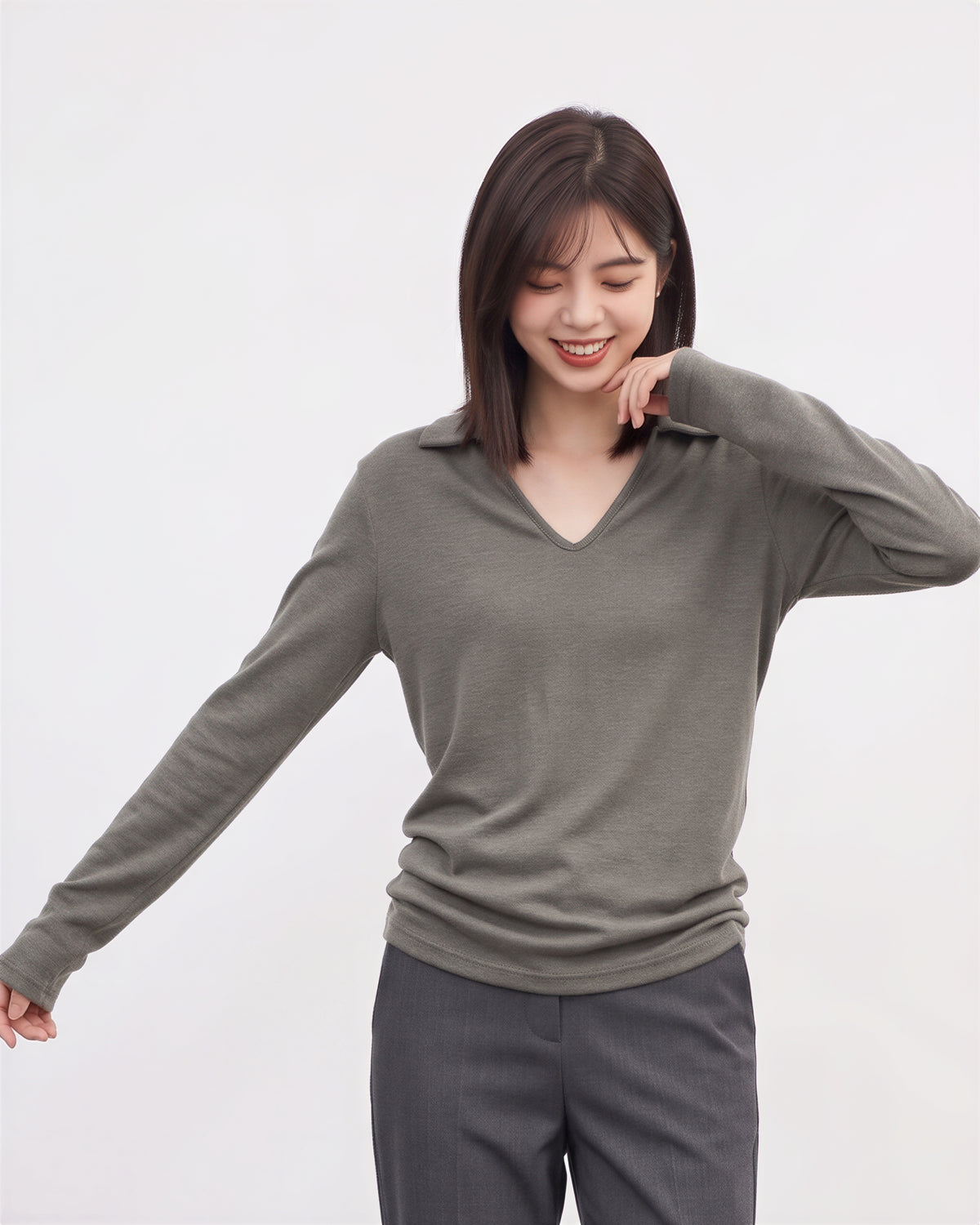 襟付きVネック スリムフィット長袖Tシャツ