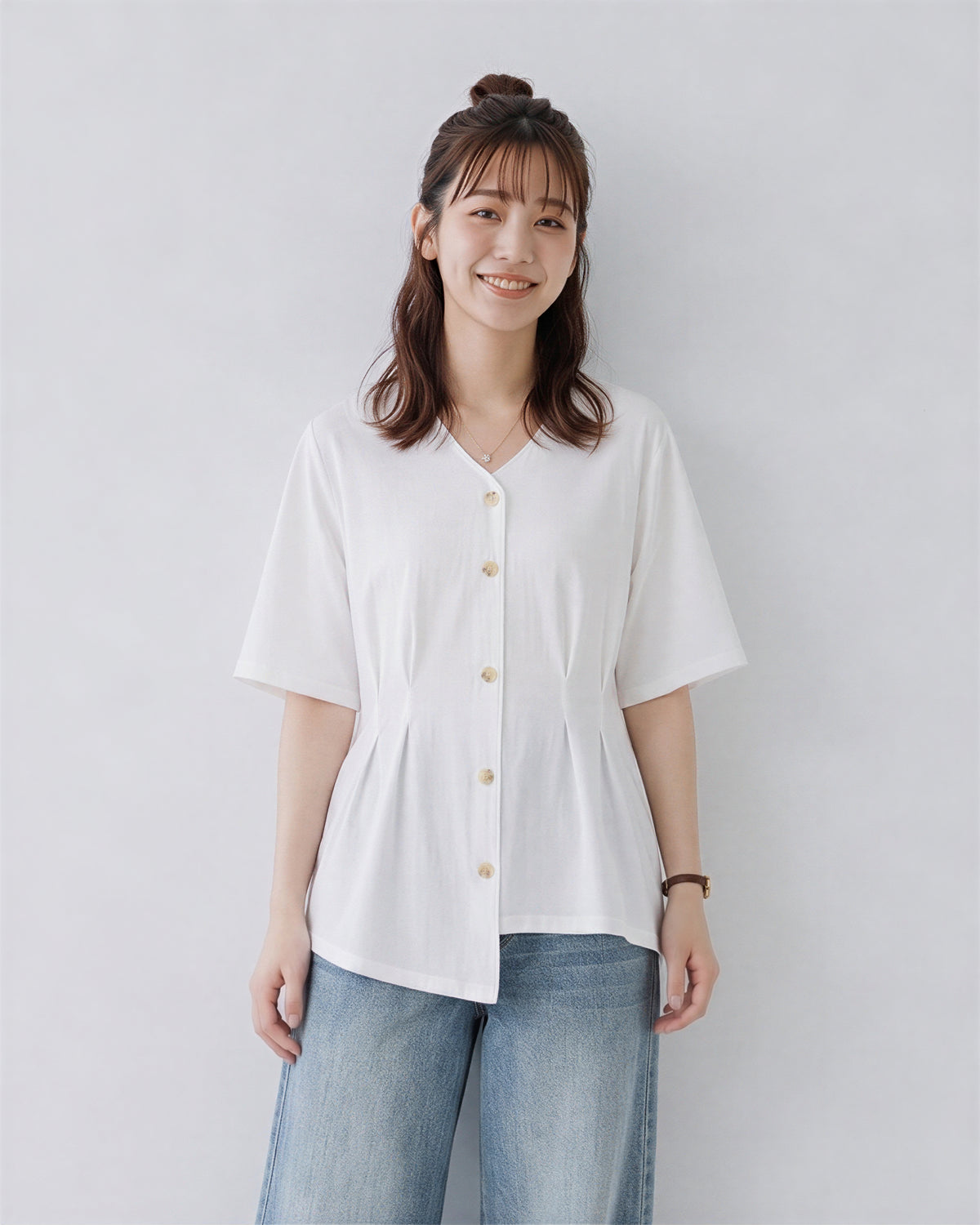 Vネック ギャザー入り ゆったりTシャツ-ホワイト-4XL