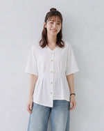Vネック ギャザー入り ゆったりTシャツ-ホワイト-4XL