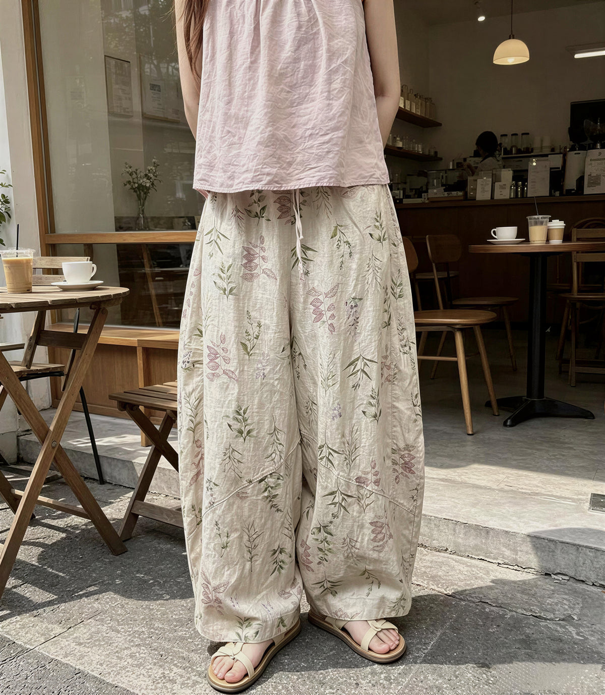 【全2色】M~2XL ボタニカルプリント ゆったりワイドパンツ