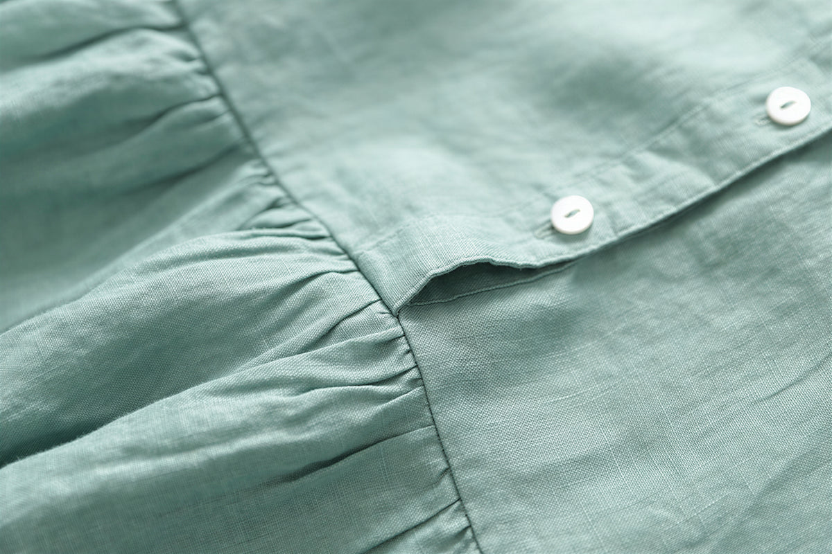 【全2色】M~2XL スタンドカラー 前ボタン ハイウエスト プリーツ ロングワンピース