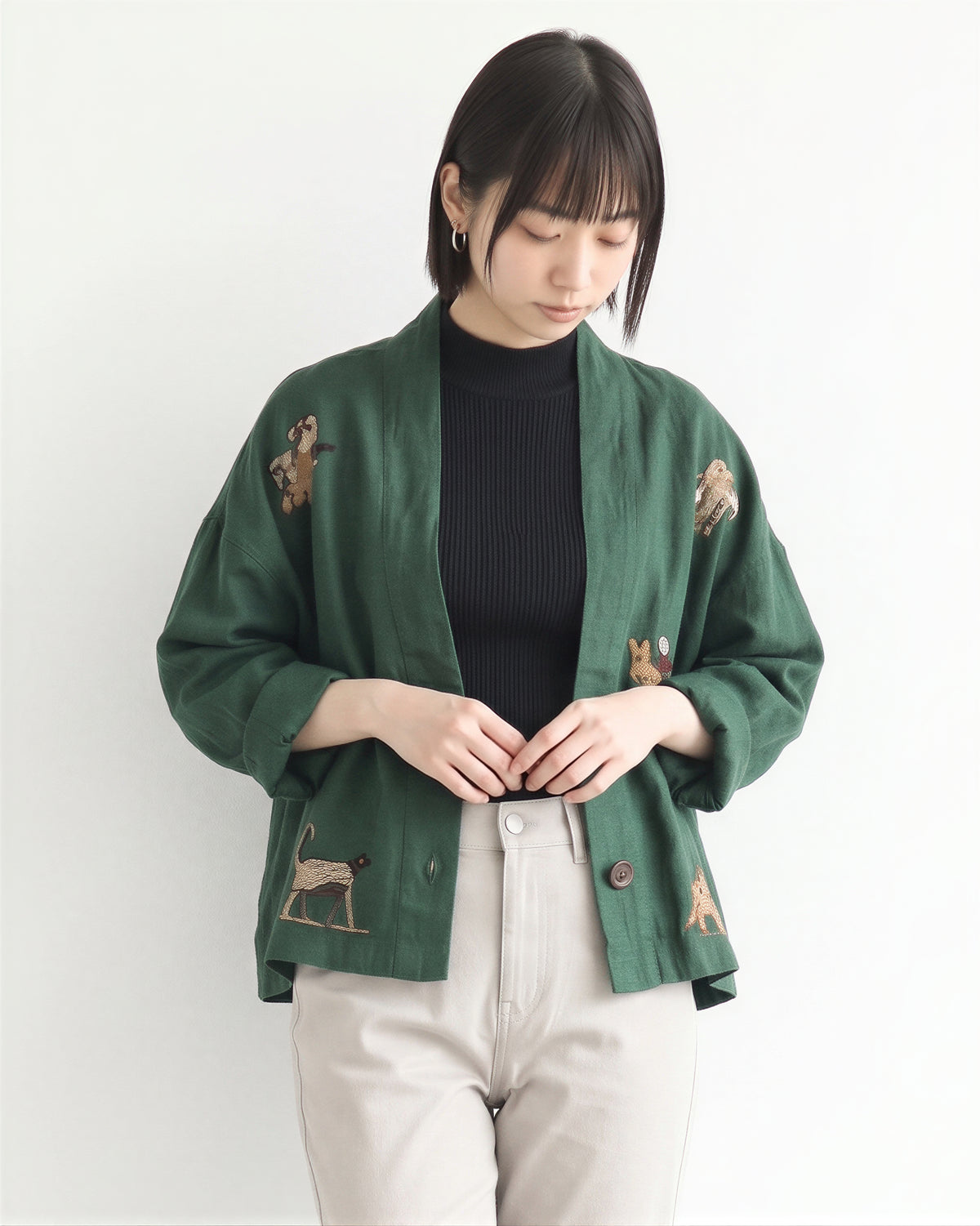 ゆったりドロップショルダー プリントショートジャケット-グリーン-3XL