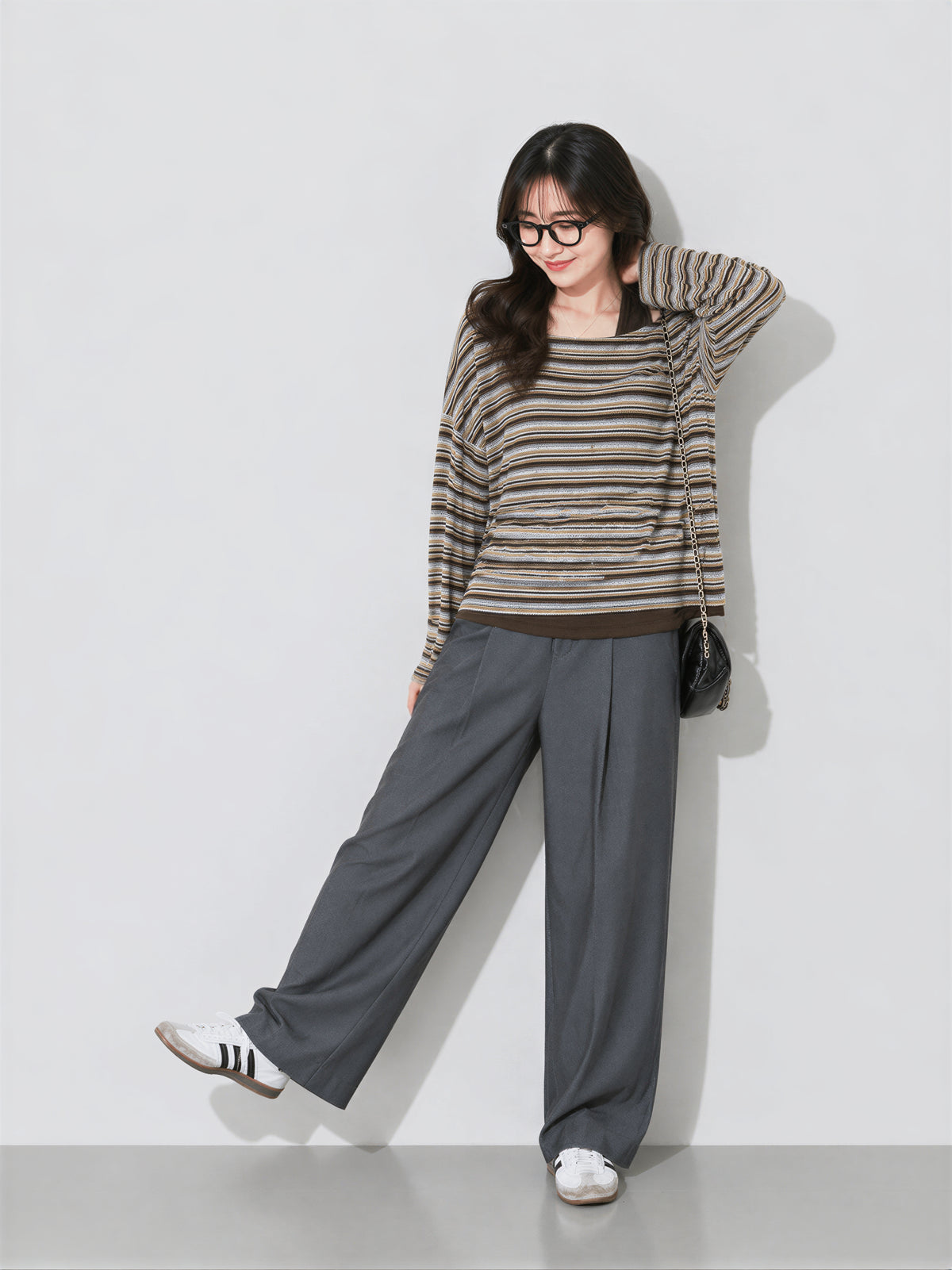 【全2色】S~XL アシンメトリーショルダー 肌見せ ボーダー フェイクレイヤードTシャツ