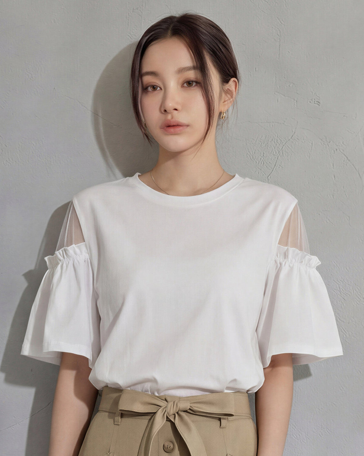 オフショルダー切替 フリルスリーブ ゆったり半袖Tシャツ