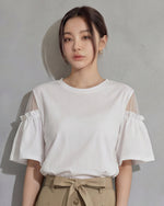 オフショルダー切替 フリルスリーブ ゆったり半袖Tシャツ