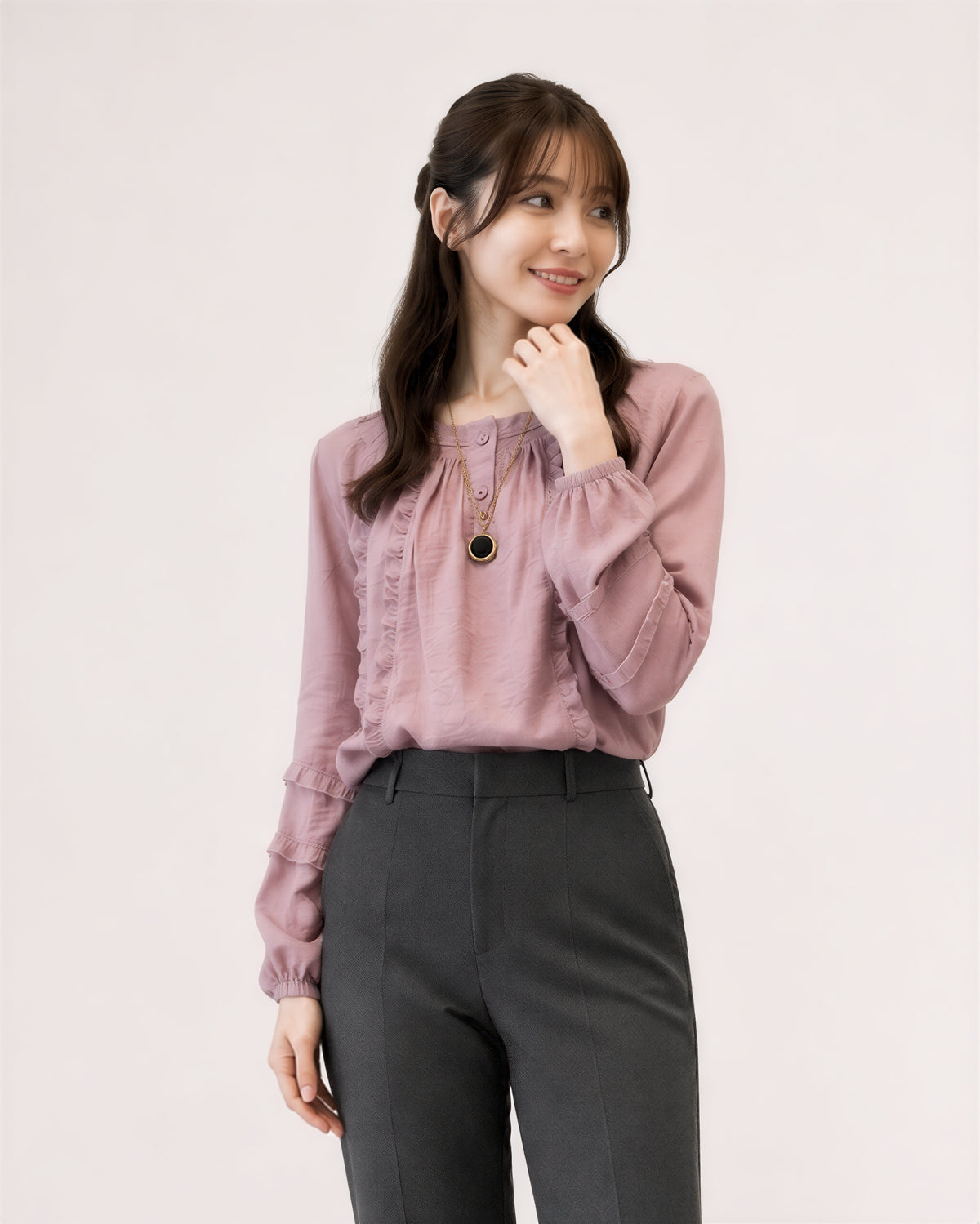 S~XL フリル襟 ラウンドネック バルーンスリーブブラウス