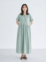 【全2色】M~2XL スタンドカラー 前ボタン ハイウエスト プリーツ ロングワンピース