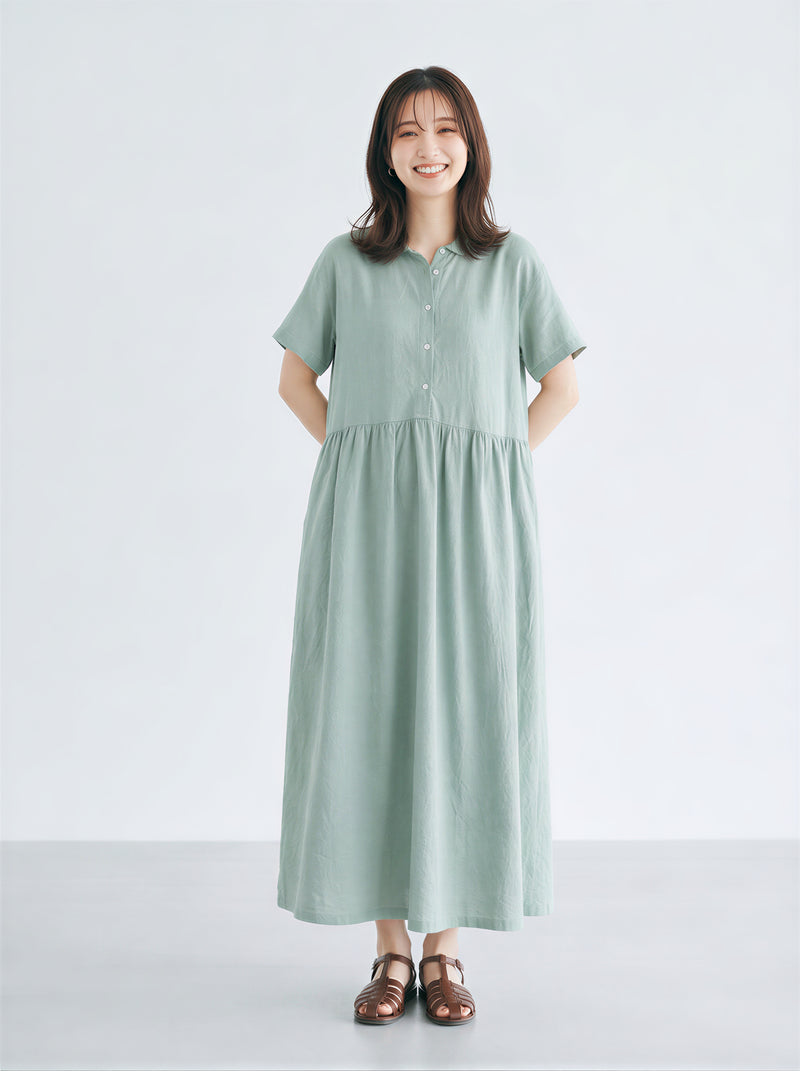 【全2色】M~2XL スタンドカラー 前ボタン ハイウエスト プリーツ ロングワンピース