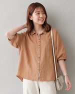 ゆったりAライン 配色ボタンシャツ-ライトブラウン-2XL