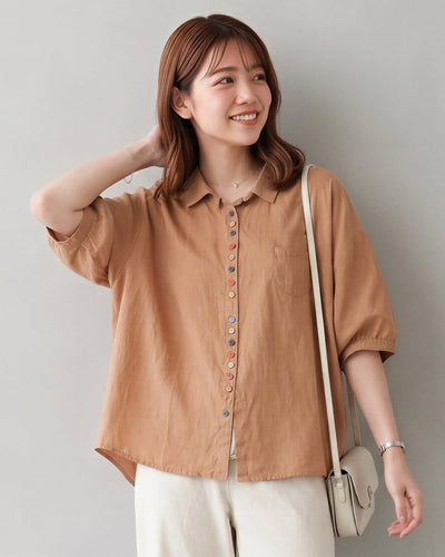 ゆったりAライン 配色ボタンシャツ-ライトブラウン-2XL