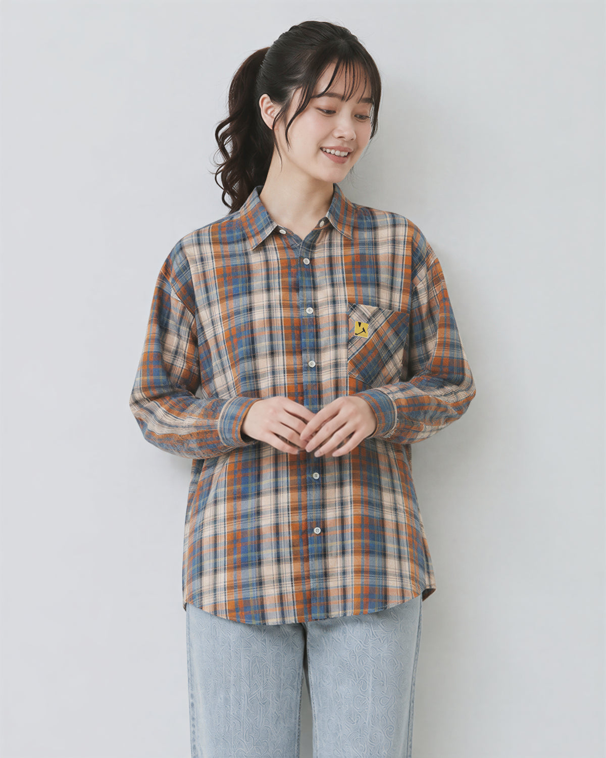 ゆったりチェック柄シングルポケットシャツ-ブルー X バーントオレンジ-2XL
