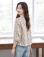 ライトベージュ 小花柄 クルーネック ギャザーブラウス-ライトベージュ-2XL