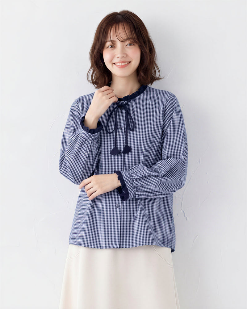 【秋新作】S~2XL フリルネックリボン付きチェックシャツ